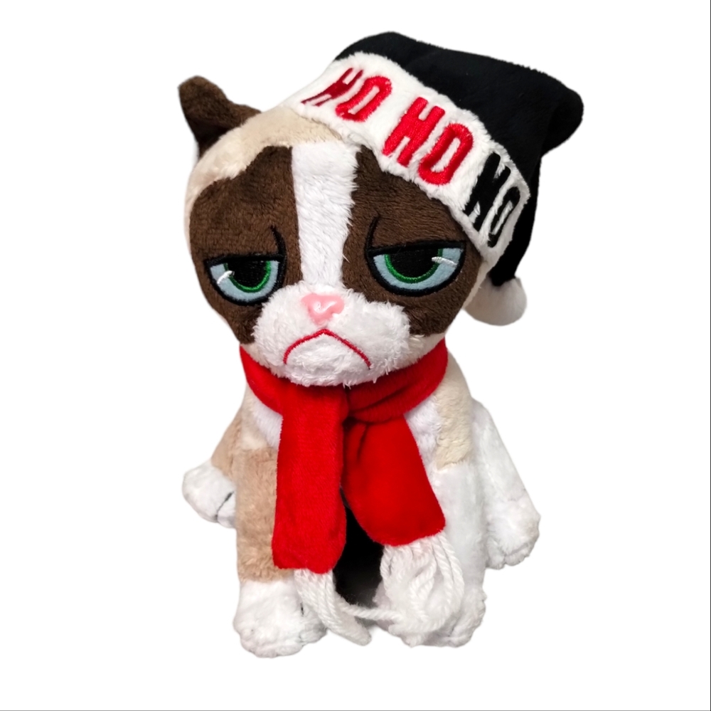 ÷Grumpy Cat Kitty with Black Ho Ho Ho Hat Plush Stuffed Animal 7” Toy Christmas